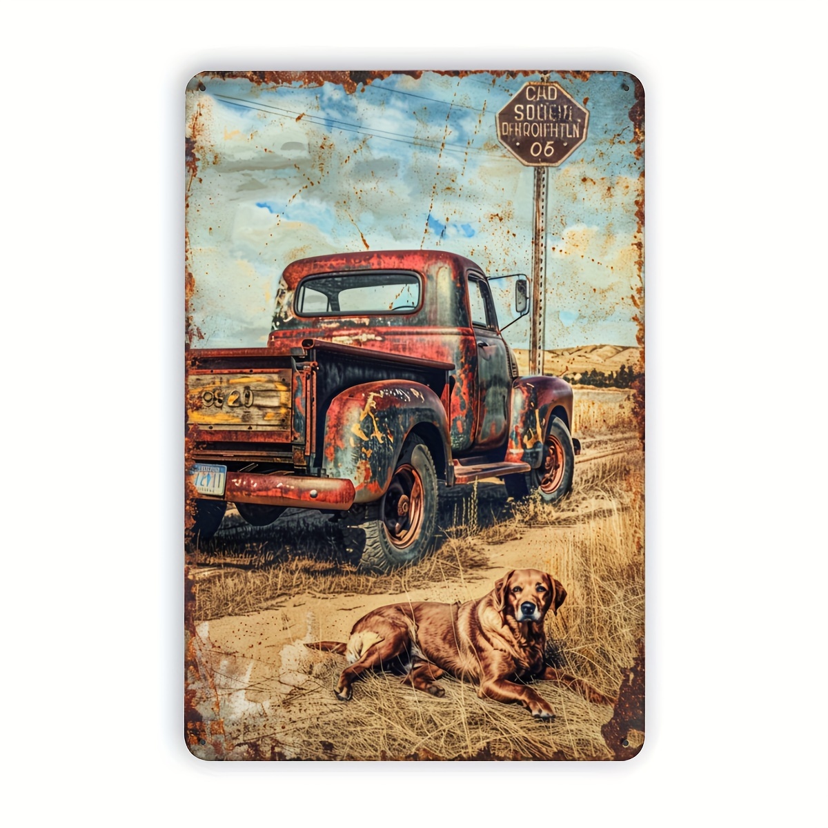 Home Gym Decor - Vintage Truck and Dog Metal Tin